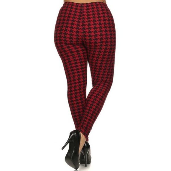 (Plus) Curvy Black Red Houndstooth Pattern Print Leggings - Picture 3 of 5